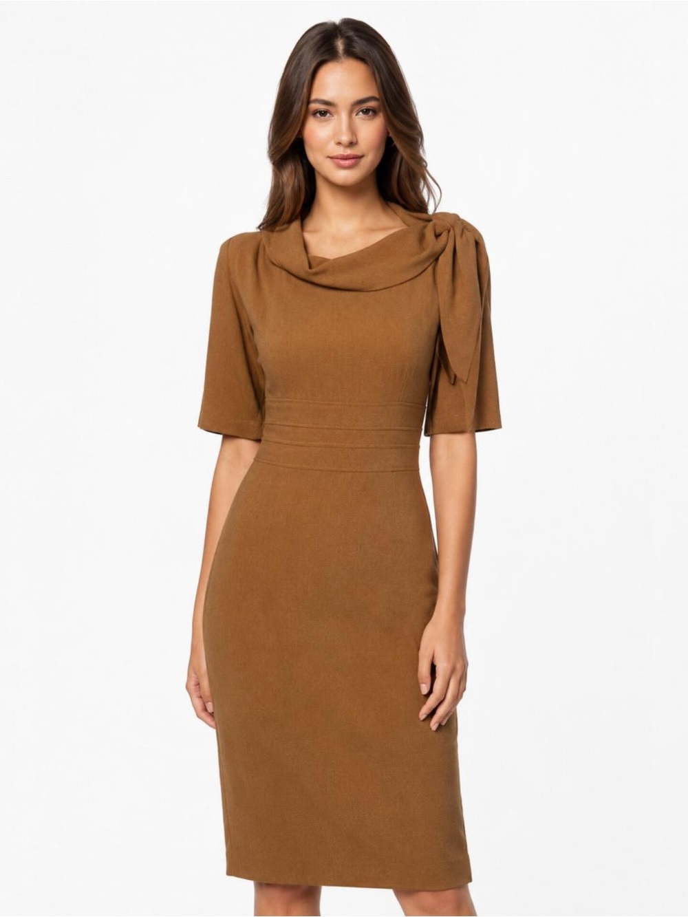 Suite 7 Elegant Camel Cowl Neckline with Shoulder Bow Sheath Dress